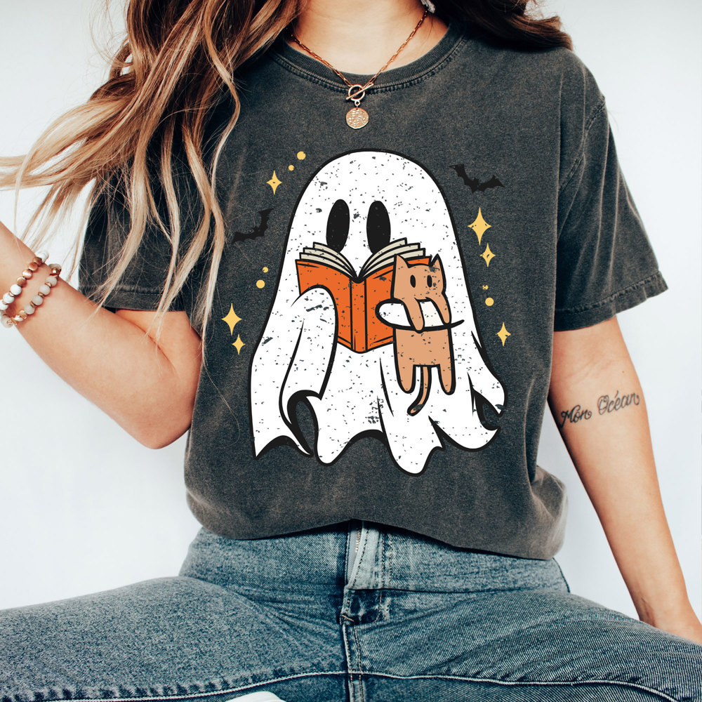 Cute Reading Ghost Tee, Halloween Shirt, Comfort Colors, Distressed Ghost, Graphic Tee