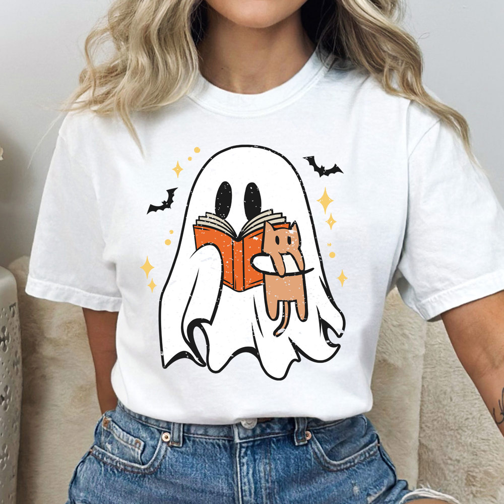 Cute Reading Ghost Tee, Halloween Shirt, Comfort Colors, Distressed Ghost, Graphic Tee