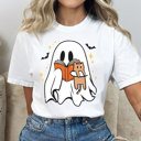 Small White Cute Reading Ghost Tee, Halloween Shirt, Comfort Colors, Distressed Ghost, Graphic Tee