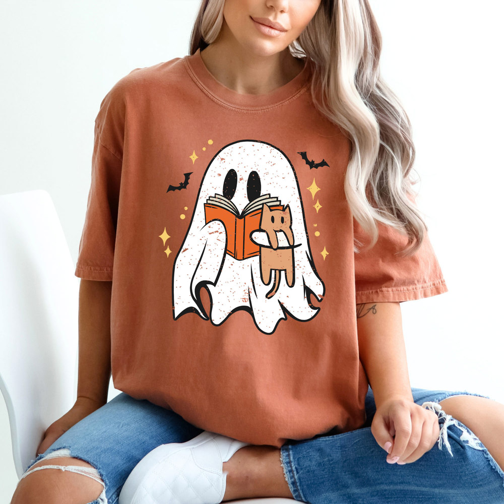 Cute Reading Ghost Tee, Halloween Shirt, Comfort Colors, Distressed Ghost, Graphic Tee