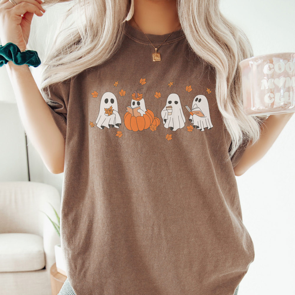 Fall Ghost Tee, Reading Ghost Graphic Tee, Pumpkin Tee, Pumpkin Spice, Comfort Colors