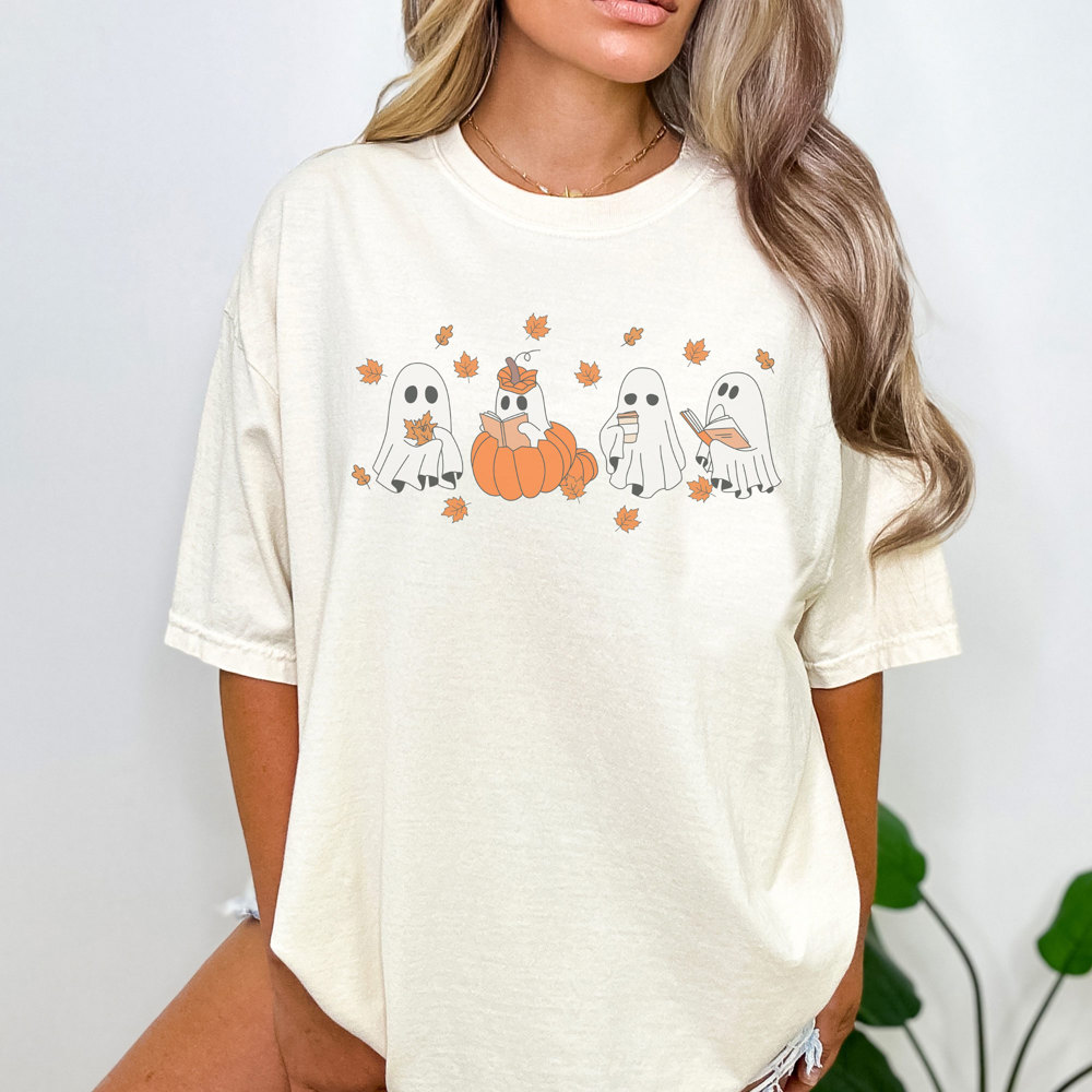 Fall Ghost Tee, Reading Ghost Graphic Tee, Pumpkin Tee, Pumpkin Spice, Comfort Colors