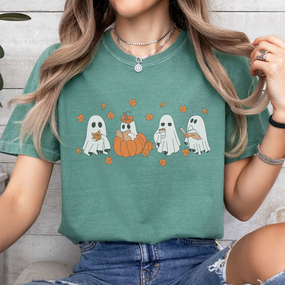 Fall Ghost Tee, Reading Ghost Graphic Tee, Pumpkin Tee, Pumpkin Spice, Comfort Colors