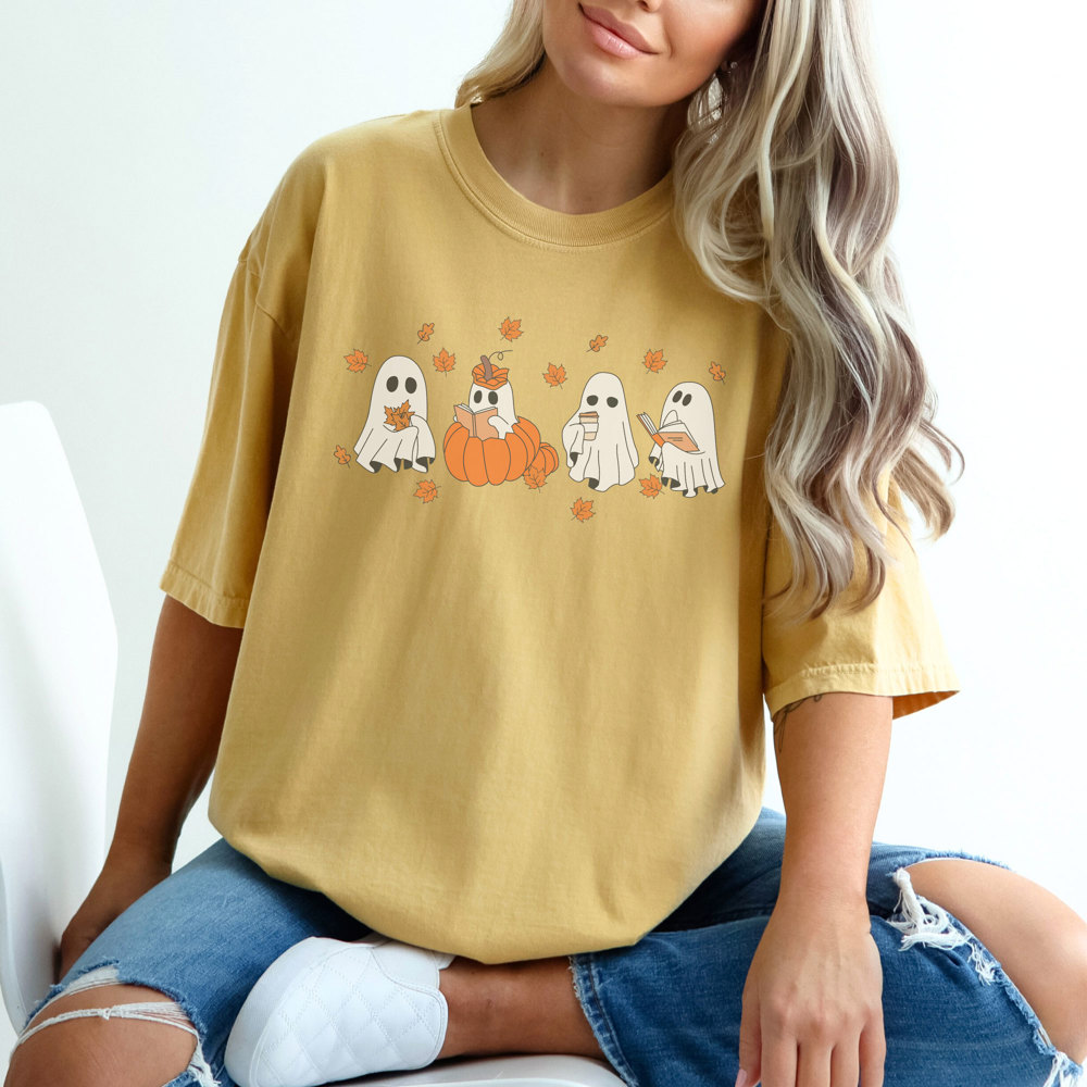 Fall Ghost Tee, Reading Ghost Graphic Tee, Pumpkin Tee, Pumpkin Spice, Comfort Colors