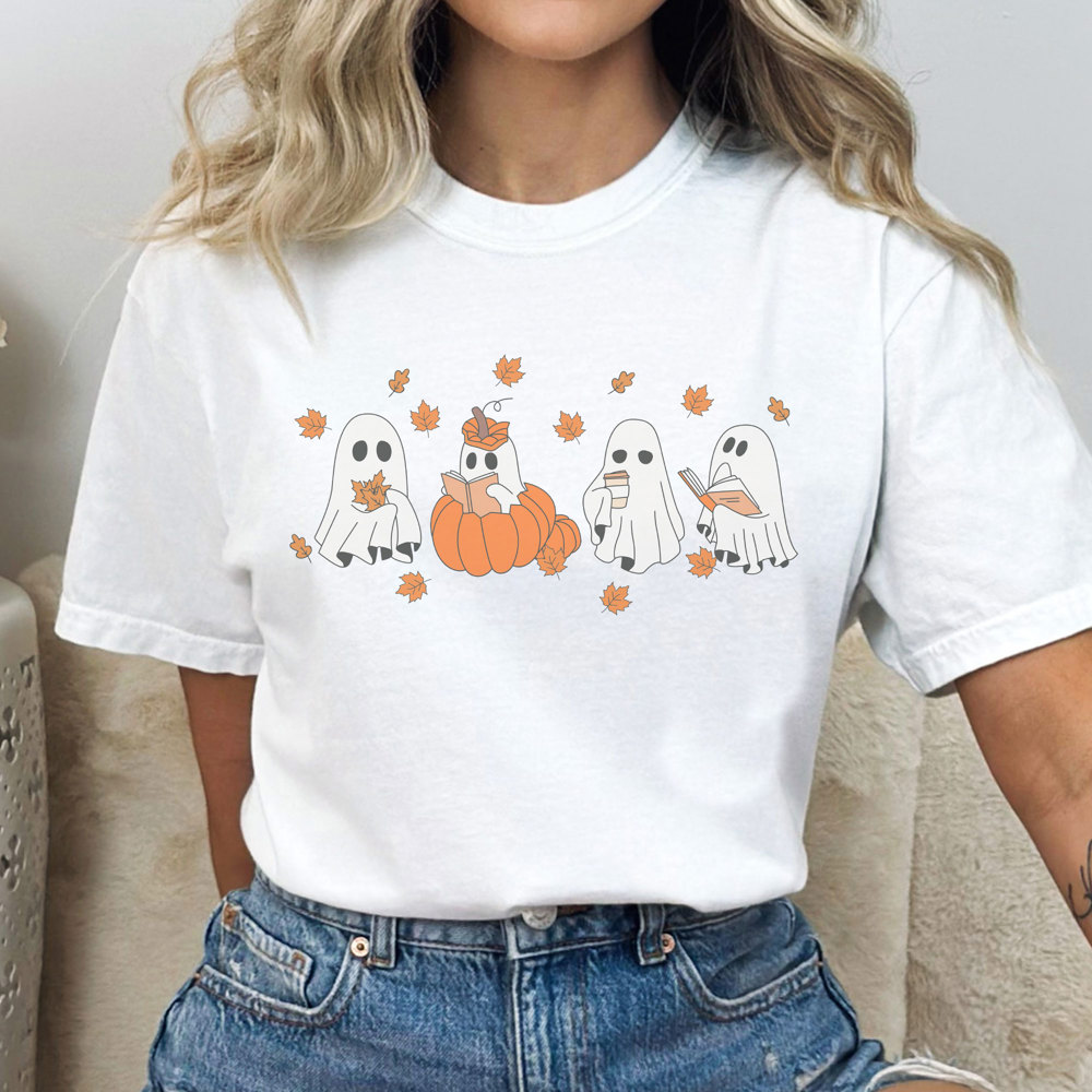 Fall Ghost Tee, Reading Ghost Graphic Tee, Pumpkin Tee, Pumpkin Spice, Comfort Colors