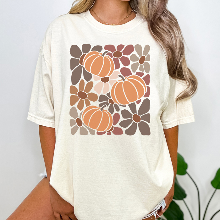 Boho Pumpkin Flowers Graphic Tee, Boho Shirt, Fall Graphic Tee, Trendy Shirt