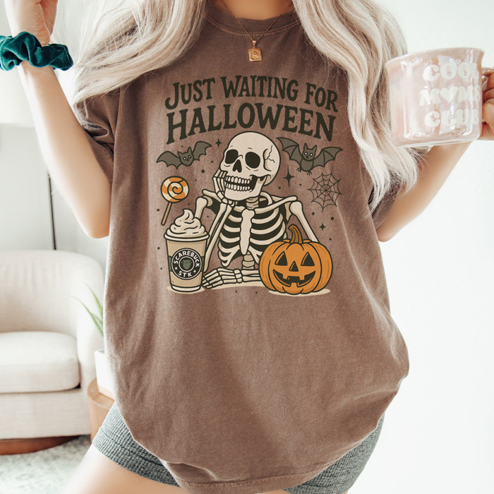 Just Waiting For Halloween Graphic Tee, Funny Halloween Shirt, Skelenton Tee, Hallowen Graphic Tee