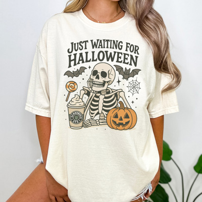 Just Waiting For Halloween Graphic Tee, Funny Halloween Shirt, Skelenton Tee, Hallowen Graphic Tee