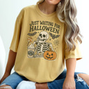 XXL Mustard Just Waiting For Halloween Graphic Tee, Funny Halloween Shirt, Skelenton Tee, Hallowen Graphic Tee