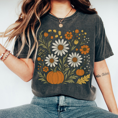 Trendy Fall Flowers Graphic Tee, Cute Fall Shirt, Fall Wardrobe, Pumpkin Graphic Tee, Fall Flowers Shirt