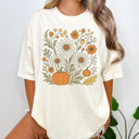 Small Ivory Trendy Fall Flowers Graphic Tee, Cute Fall Shirt, Fall Wardrobe, Pumpkin Graphic Tee, Fall Flowers Shirt