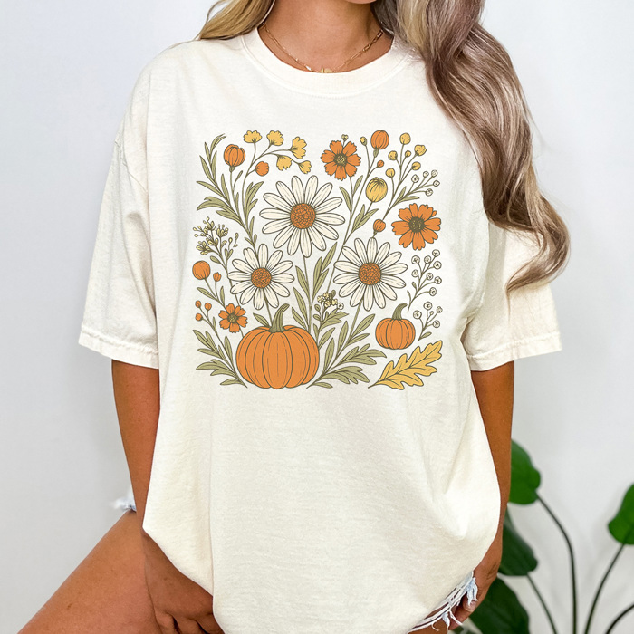 Trendy Fall Flowers Graphic Tee, Cute Fall Shirt, Fall Wardrobe, Pumpkin Graphic Tee, Fall Flowers Shirt
