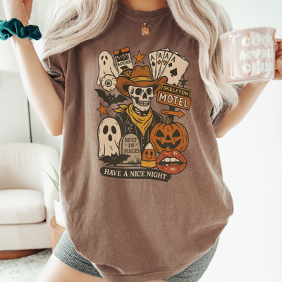 Cowboy Skeleton Graphic Tee, Cute Halloween Shirt, Spooky Season Shirt, Cowboy Graphic Tee