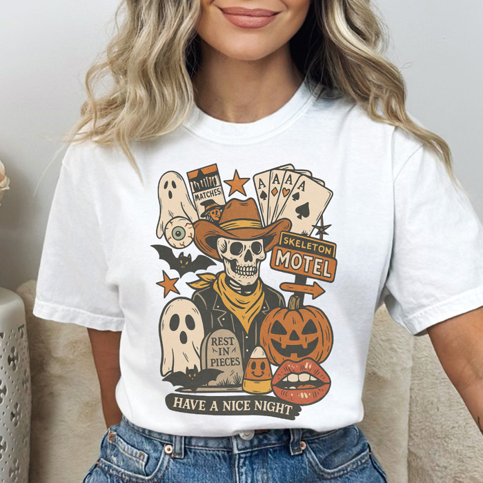 Cowboy Skeleton Graphic Tee, Cute Halloween Shirt, Spooky Season Shirt, Cowboy Graphic Tee