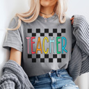 Large Gray Checkered Teacher Graphic Tee, Cute Teacher Shirt, Teacher Tshirt, Trendy Teacher Shirt, Teacher Appreciation, Back To School Shirt