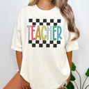 Large Ivory Checkered Teacher Graphic Tee, Cute Teacher Shirt, Teacher Tshirt, Trendy Teacher Shirt, Teacher Appreciation, Back To School Shirt