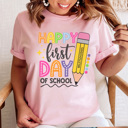 XXL Soft Pink Happy First Day Bright Graphic Tee, Cute Teacher Tee, Back To School Shirt, Teacher Appreciation