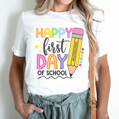 Happy First Day Bright Graphic Tee, Cute Teacher Tee, Back To School Shirt, Teacher Appreciation