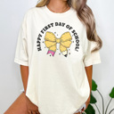XXL Ivory Happy First Day Coquette Bow Graphic Tee, Back To School Shirt, Cute Teacher Shirt, Teacher Appreciation