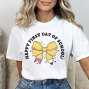XXL White Happy First Day Coquette Bow Graphic Tee, Back To School Shirt, Cute Teacher Shirt, Teacher Appreciation