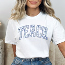 XXL White Teach Trendy Blue Floral Graphic Tee, Cute Teacher Shirt, Back to School Shirt, Teacher Gift 