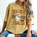 Large Mustard Trick Or Teach Graphic Tee, Halloween Teacher Shirt, Cute Halloween Tee, Teacher Graphic Tee