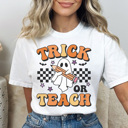 XL White Trick Or Teach Graphic Tee, Halloween Teacher Shirt, Cute Halloween Tee, Teacher Graphic Tee