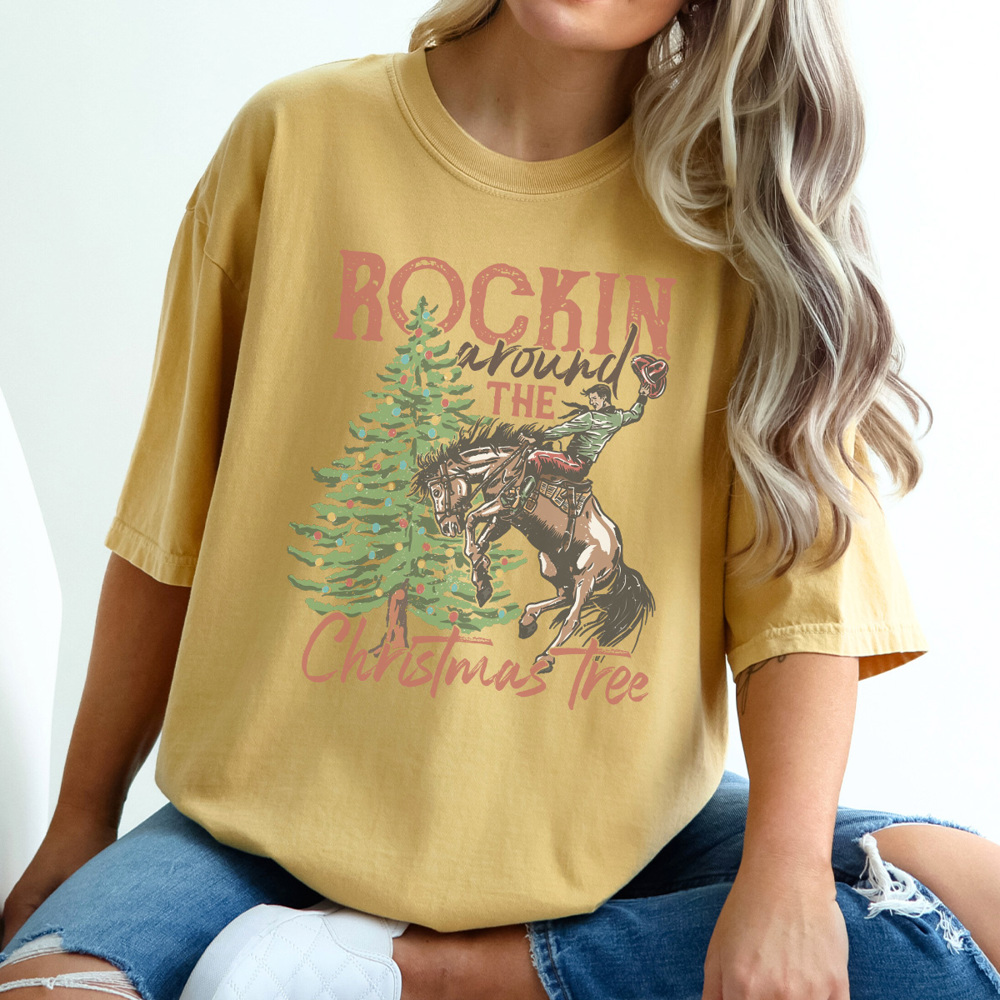 Rockin Around The Christmas Tree Cowboy, Western Christmas Shirt, Cowboy Christmas Shirt, Vintage Christmas Graphic Tee, Western Tee