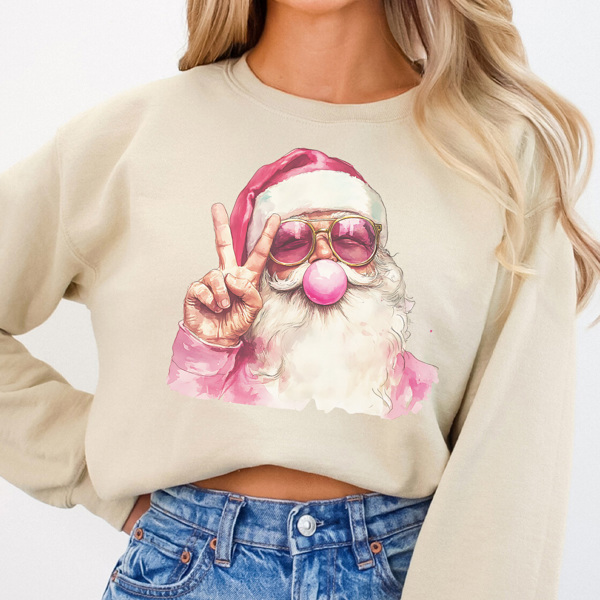 Pink Bubble Gum Santa Graphic Sweatshirt, Santa Sweatshirt, Trendy Santa Sweatshirt, Cute Christmas Sweatshirt, Trendy Christmas, Bubblegum Sweatshirt