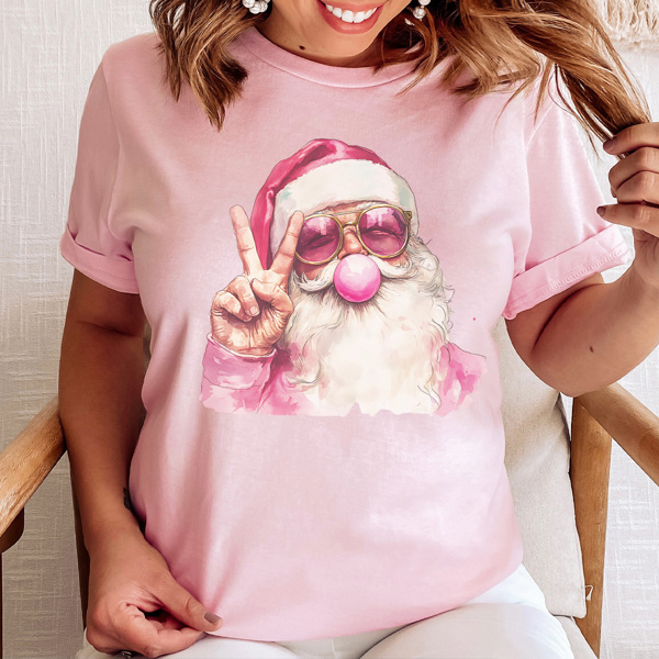 Pink Bubble Gum Santa Graphic Tee, Santa Shirt, Trendy Santa Tee, Cute Christmas Shirt, Trendy Christmas, Bubblegum Shirt