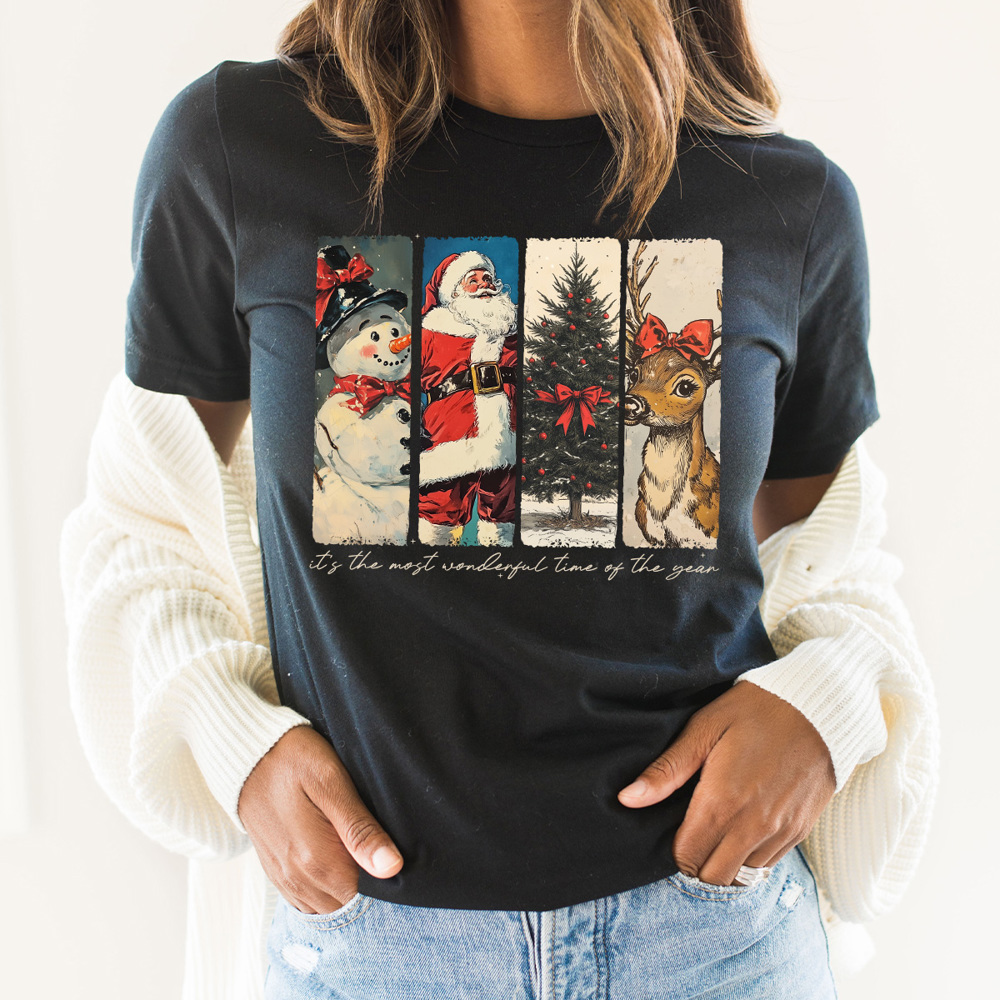 Vintage Christmas Graphic Tee, Vintage Christmas Characters, Snowman, Santa Claus, Christmas Tree, Reindeer, Boho Christmast