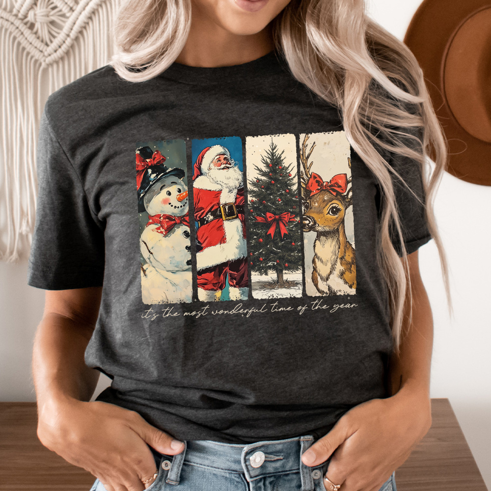 Vintage Christmas Graphic Tee, Vintage Christmas Characters, Snowman, Santa Claus, Christmas Tree, Reindeer, Boho Christmast