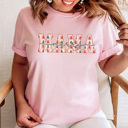 Large Soft Pink Checkered Merry Mama Graphic Tee, Cute Christmas Shirt, Christmas Mama, Mama Claus Shirt, Merry Mama