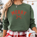Large Military Green Merry Dainty Bow Graphic Sweatshirt, Trendy Christmas Sweatshirt, Merry Sweatshirt, Christmas Sweatshirt