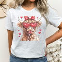 Large Ash Gray Valentine Cow Graphic Tee, Highland Cow Shirt, Cute Valentine Graphic Tee, Valentine Shirt, Sucker For You