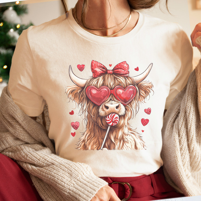 Valentine Cow Graphic Tee, Highland Cow Shirt, Cute Valentine Graphic Tee, Valentine Shirt, Sucker For You