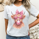 Large Ash Gray Valentine Bubble Gum Cow Graphic Tee, Highland Cow Shirt, Cute Valentine Shirt, Funny Valentine Shirt