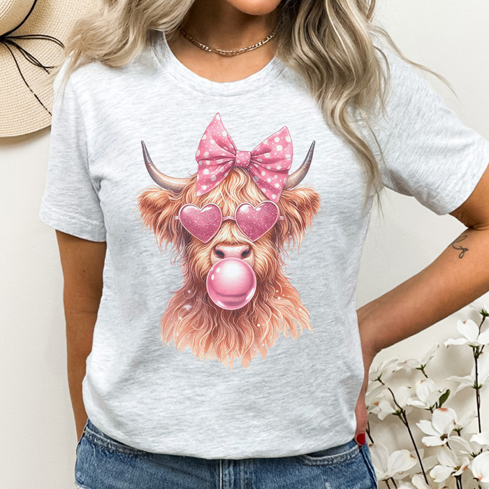 Valentine Bubble Gum Cow Graphic Tee, Highland Cow Shirt, Cute Valentine Shirt, Funny Valentine Shirt