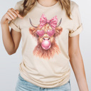  Valentine Bubble Gum Cow Graphic Tee, Highland Cow Shirt, Cute Valentine Shirt, Funny Valentine Shirt