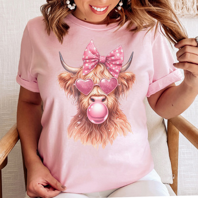 Valentine Bubble Gum Cow Graphic Tee, Highland Cow Shirt, Cute Valentine Shirt, Funny Valentine Shirt