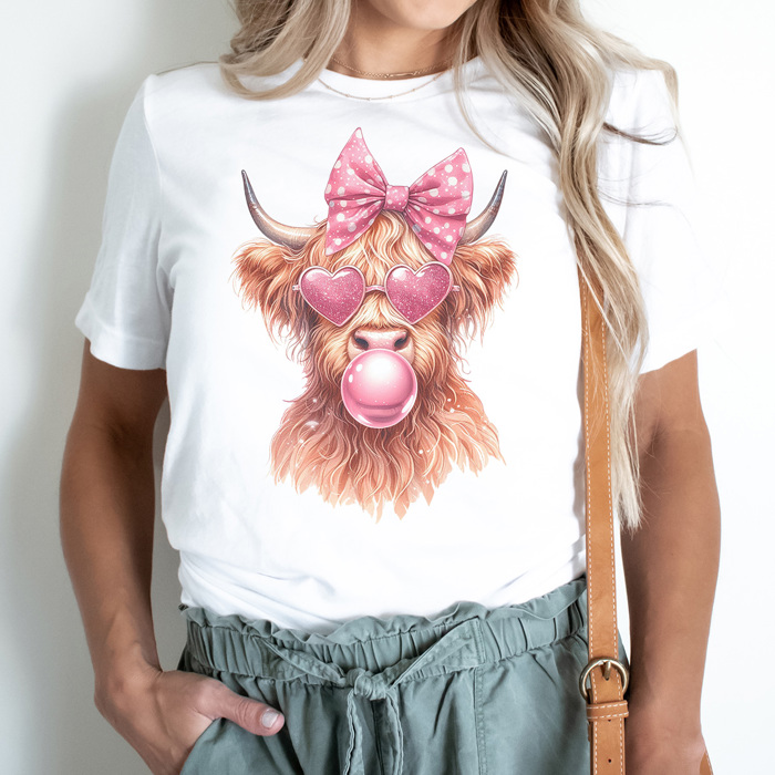 Valentine Bubble Gum Cow Graphic Tee, Highland Cow Shirt, Cute Valentine Shirt, Funny Valentine Shirt