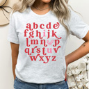 Medium Ash Gray Valentine Alphabet Love Graphic Tee, Cute Valentine Shirt, Teacher Valentine Tee, I Love You Shirt, ABC Shirt