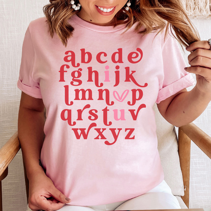 Valentine Alphabet Love Graphic Tee, Cute Valentine Shirt, Teacher Valentine Tee, I Love You Shirt, ABC Shirt