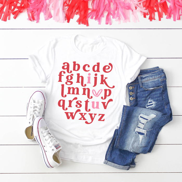 Valentine Alphabet Love Graphic Tee, Cute Valentine Shirt, Teacher Valentine Tee, I Love You Shirt, ABC Shirt