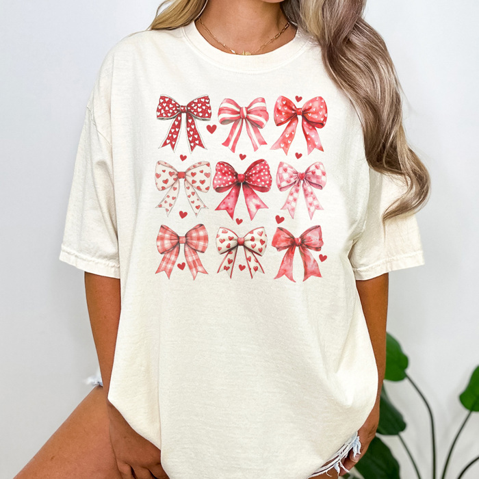 Valentine Coquette Bows Graphic Tee, Cute Valentine Shirt, Heart Bow Tee, Valentine Graphic Tee, Heart Graphic Tee