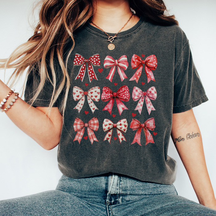 Valentine Coquette Bows Graphic Tee, Cute Valentine Shirt, Heart Bow Tee, Valentine Graphic Tee, Heart Graphic Tee