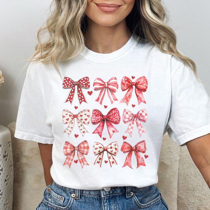 Valentine Coquette Bows Graphic Tee, Cute Valentine Shirt, Heart Bow Tee, Valentine Graphic Tee, Heart Graphic Tee