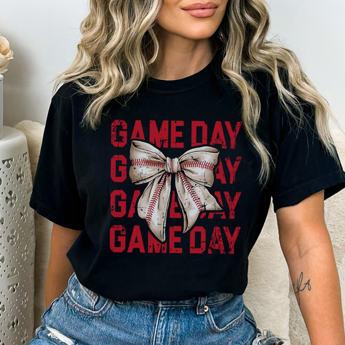 Game Day Coquette Baseball Graphic Tee, Baseball Mom Shirt, Cute Baseball Shirt, Comfort Colors, Baseball Bow Shirt, Game Day Tee