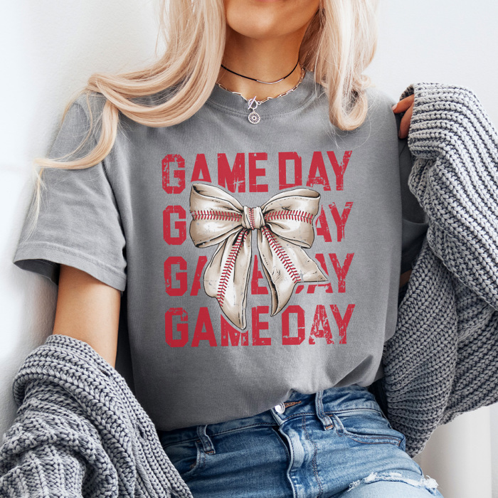 Game Day Coquette Baseball Graphic Tee, Baseball Mom Shirt, Cute Baseball Shirt, Comfort Colors, Baseball Bow Shirt, Game Day Tee