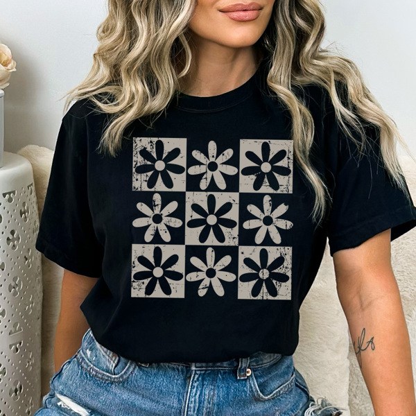 Checkered Flower Graphic Tee, Flower Shirt, Distressed Tee